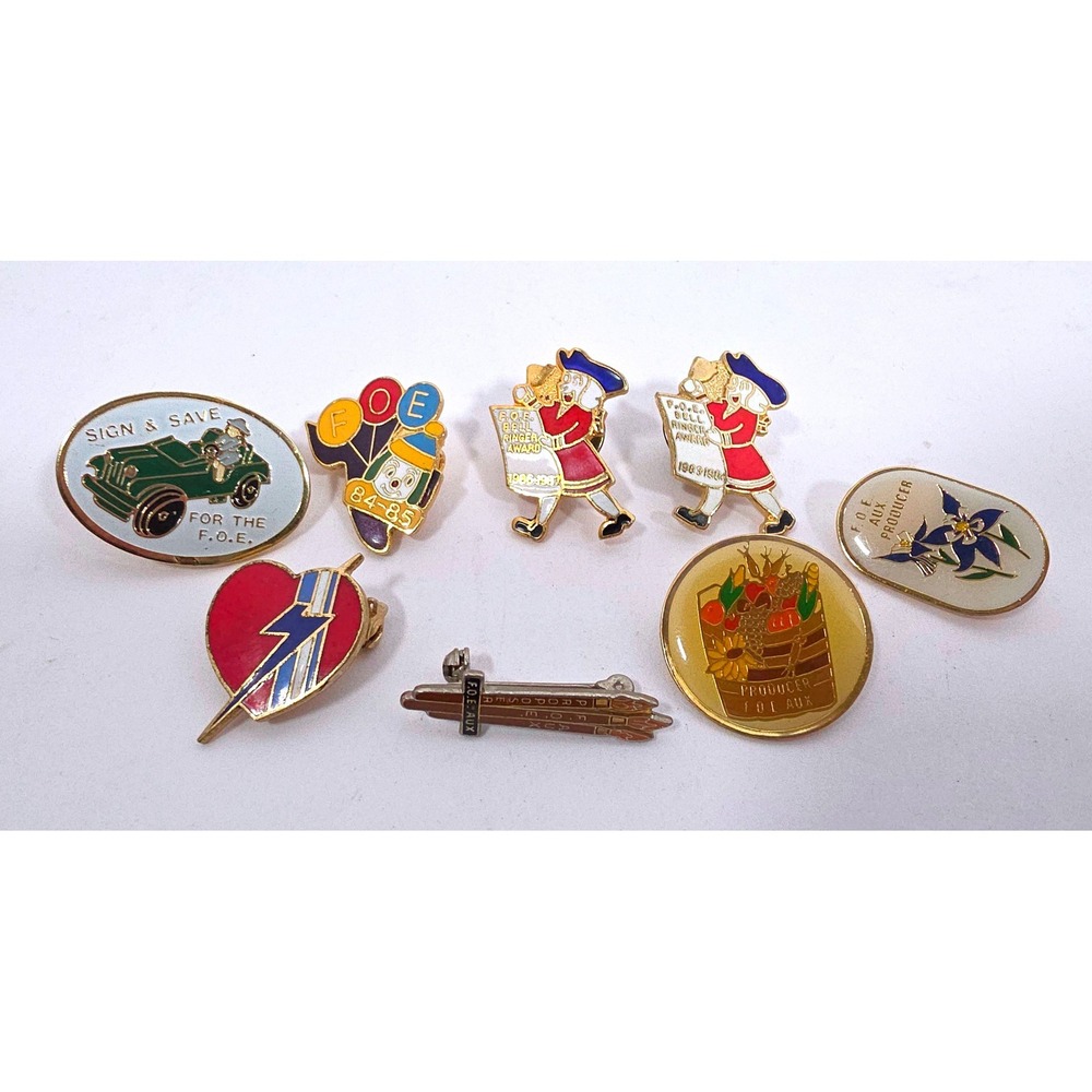 Lot of 7 Vintage F.O.E. Enamel Pins Lot Car Balloons Heart Harvest Basket Flower